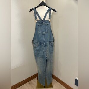 Isabel Maternity Denim Overalls Size 14 Wide Leg Cropped Raw Hem Medium Wash